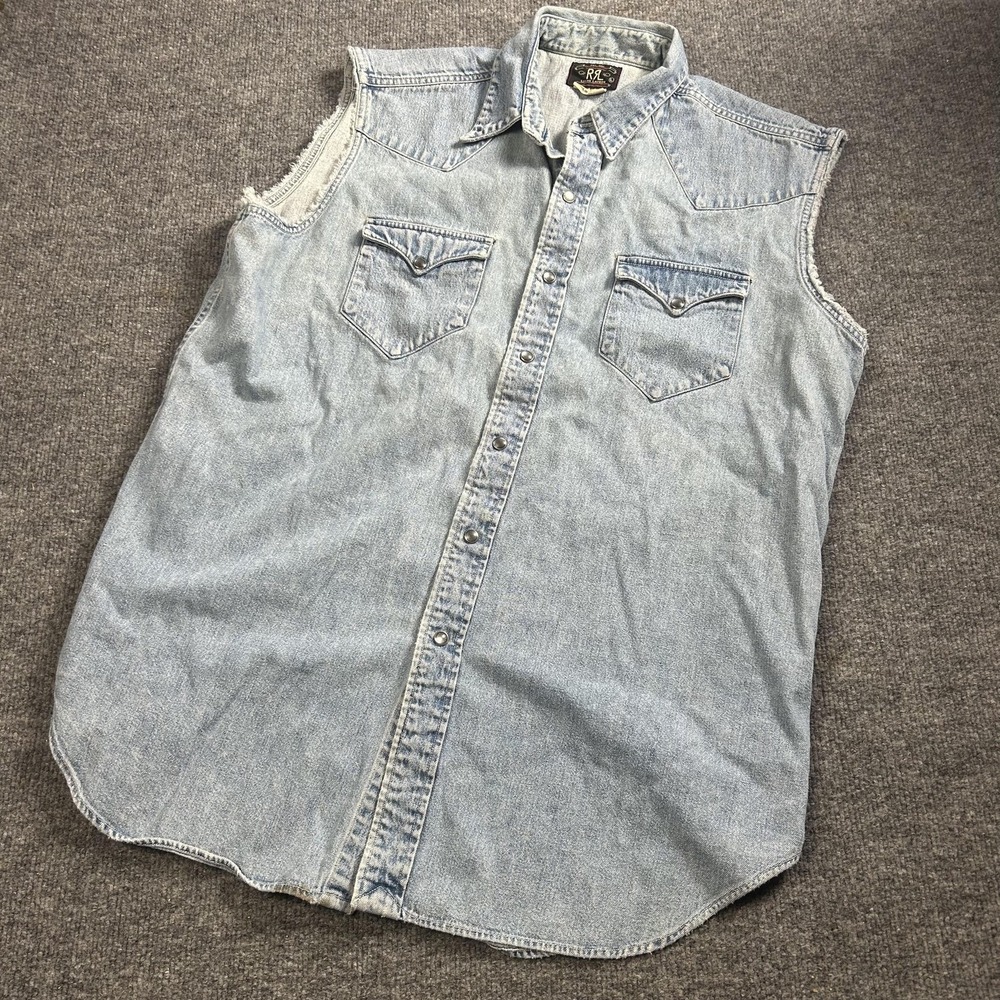 RRL Ralph Lauren Shirt Mens Large Blue Denim Sleeveless Western Snap Button Up